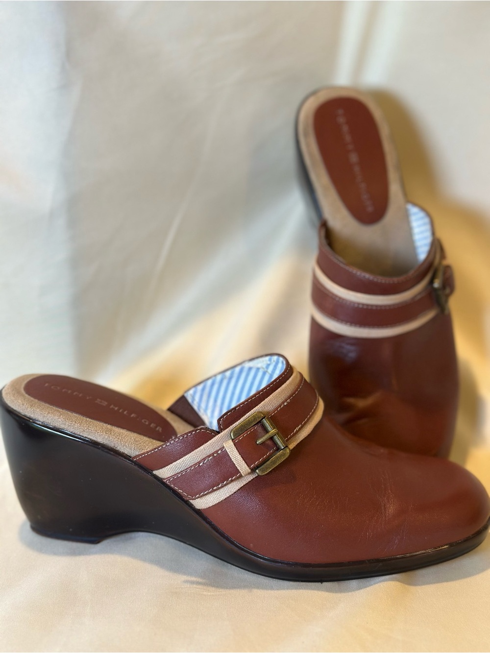 Tommy Hilfiger Hamilton vintage brown Leather Wedge Mules clogs y2k fall preppy